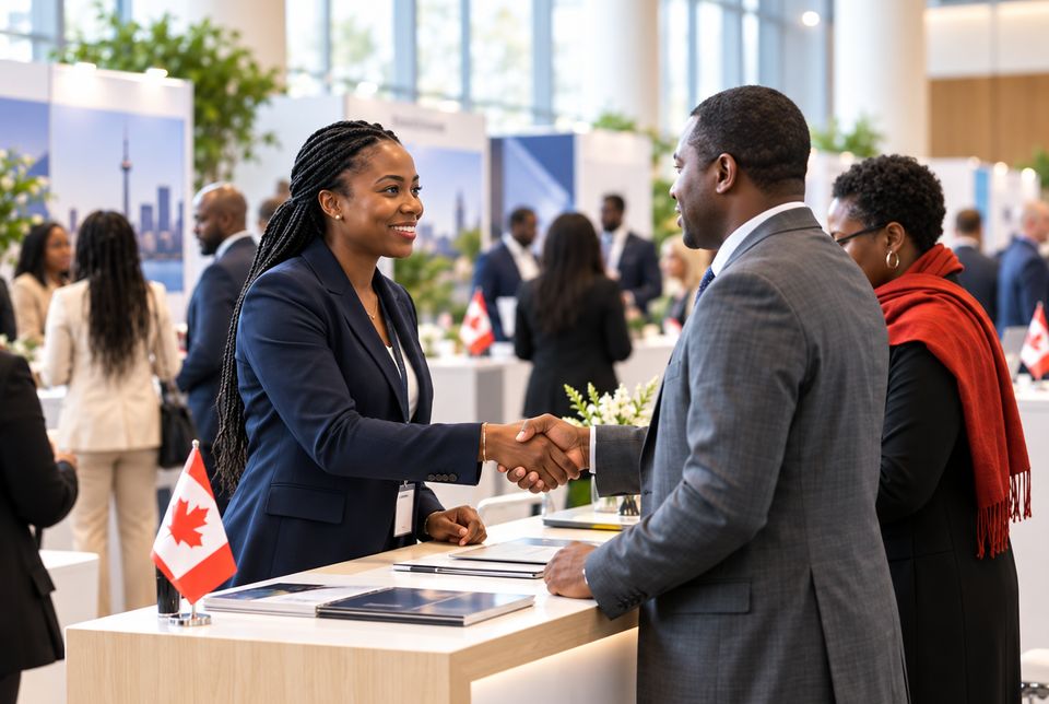 Poignée de main entre deux entrepreneurs au comptoir d'un stand de la Business Expo, rangées de stands et petits drapeaux canadiens derrière eux