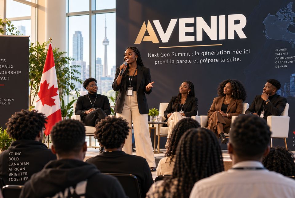 Une jeune femme au micro sur la scène du Next Gen Summit, trois jeunes panélistes assis derrière elle, drapeau canadien au bord de l'estrade