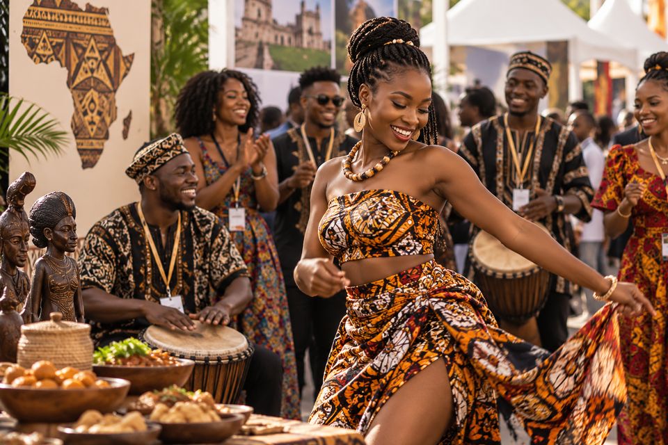 Une danseuse en pagne wax fait tourner son étoffe devant un joueur de djembé, entre les plats servis et les sculptures d'un village culturel