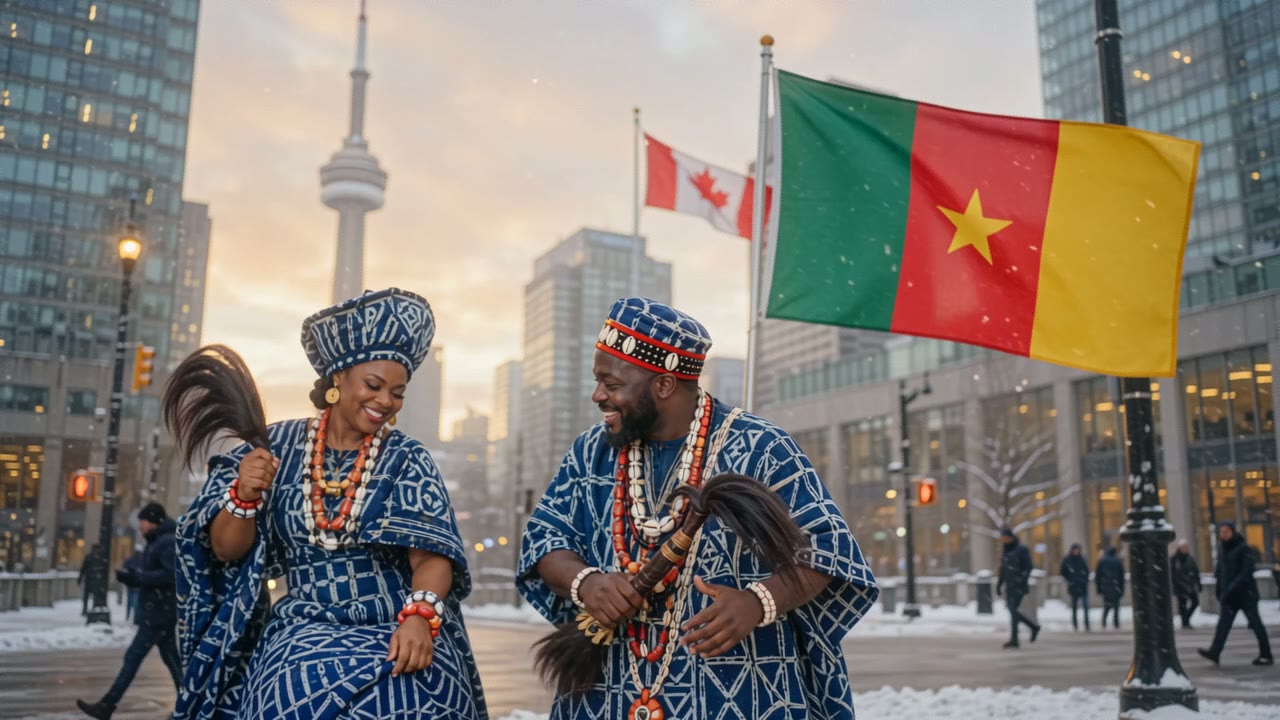 Couple dansant en tenues traditionnelles bamiléké dans une rue enneigée du centre-ville de Toronto, drapeaux canadien et camerounais déployés devant la tour CN