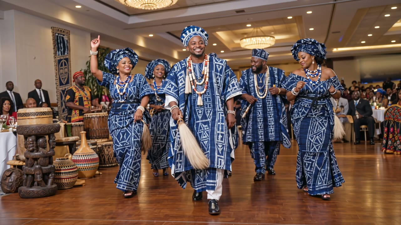 Défilé d'ouverture en tenues traditionnelles bamiléké s'avançant sur la piste d'une salle de gala, tambours et tabouret sculpté en bord de piste