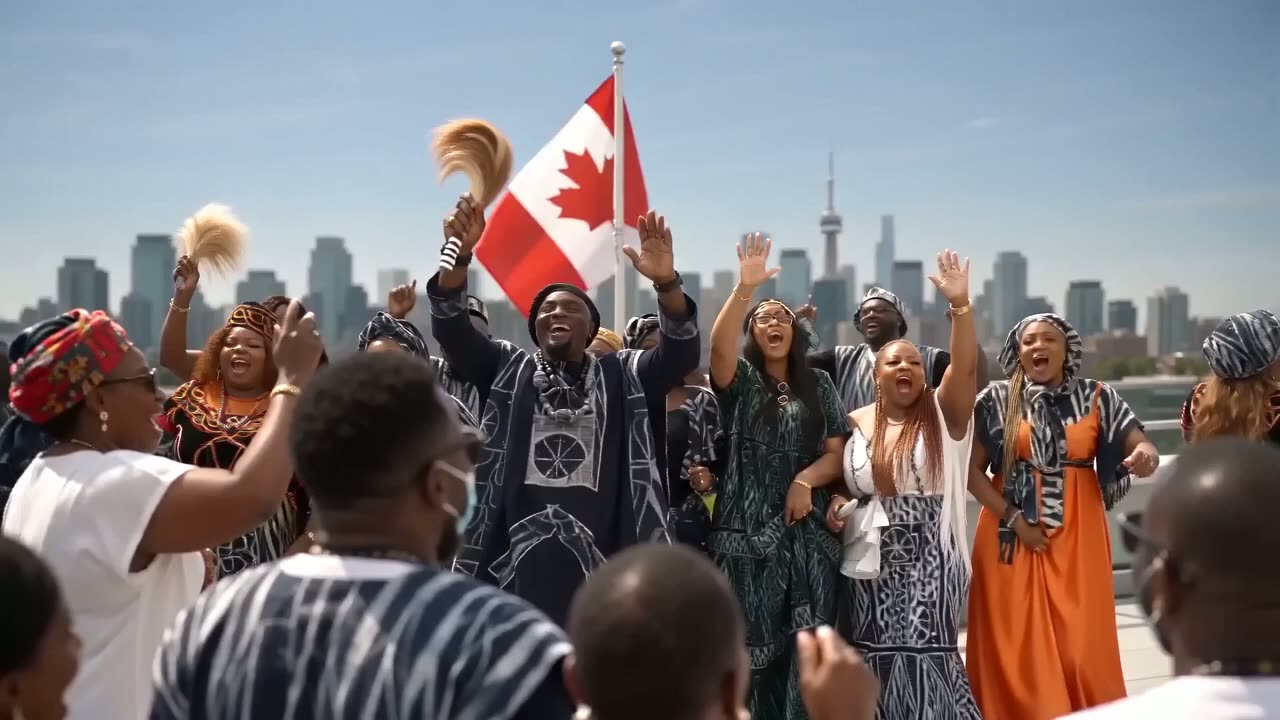 Délégation bamiléké acclamant, drapeau canadien déployé devant la ligne d'horizon de Toronto